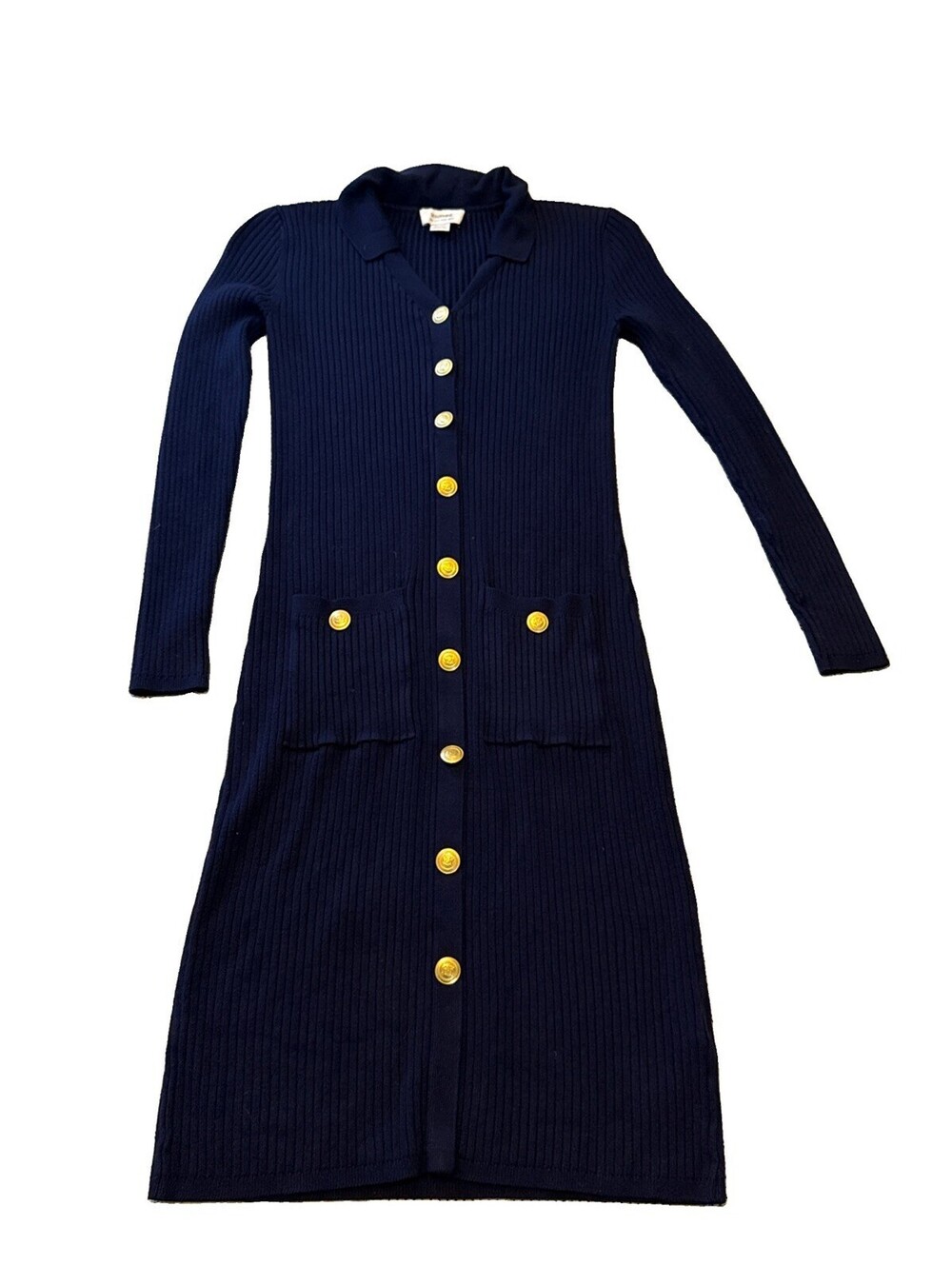 Seraphine Women’s Ribbed Knit Midi Navy Blue Long Sleeve Sweater Dress Casual 4